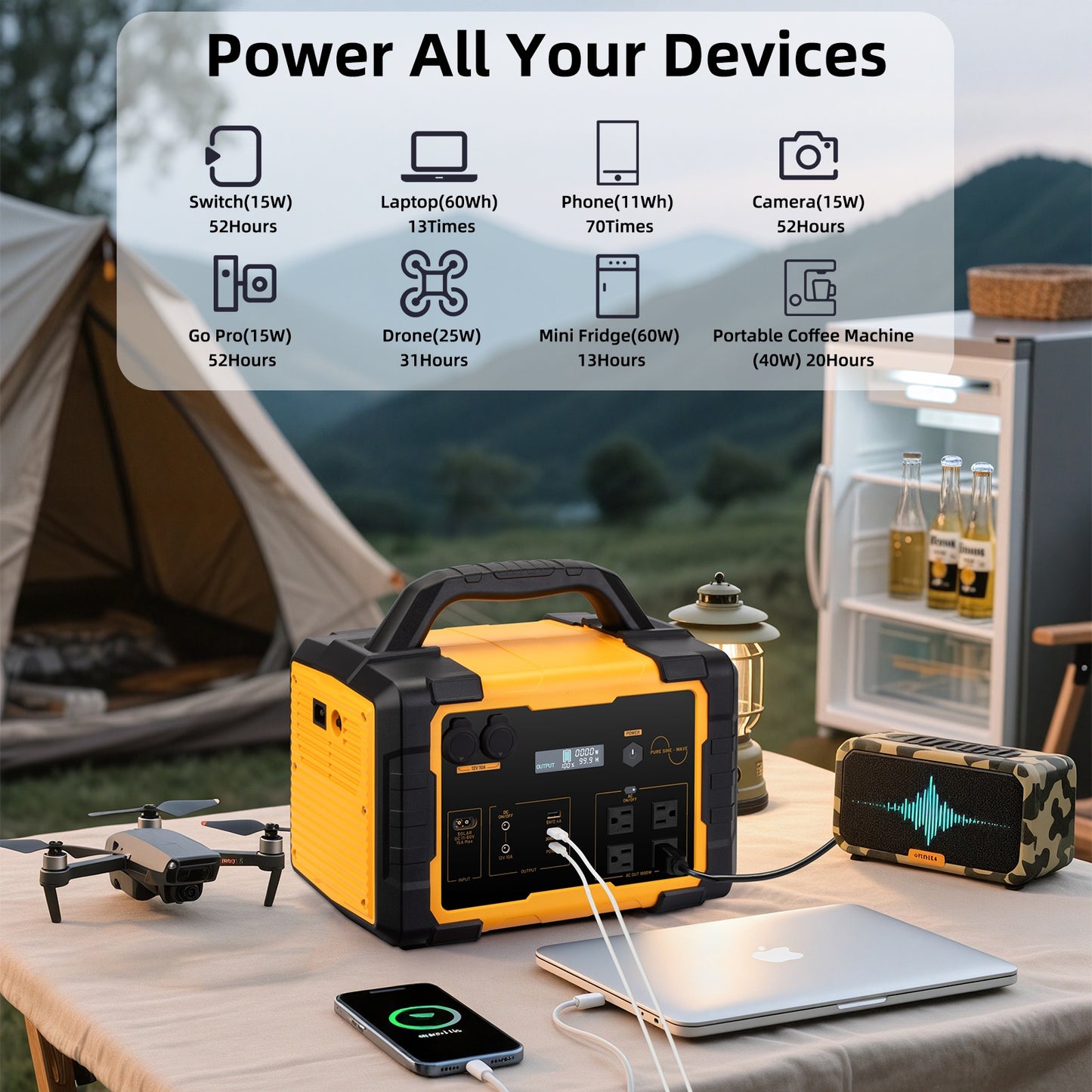 Portable Power Station – 1024Wh LiFePO4 battery, 1800W AC output / 100W PD USB-C, supports solar charging. Ideal for home backup power, camping, and multi-scenario outdoor use